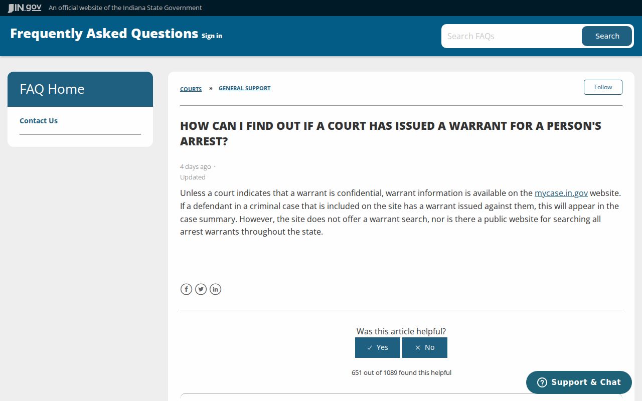 Indiana FAQ limits for Steuben County outstanding warrant checks