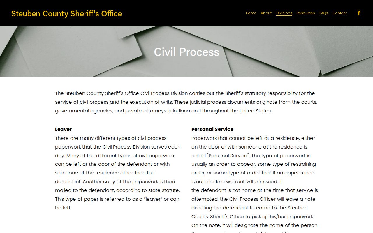 Steuben County Sheriff civil process information distinguished from criminal bench warrants
